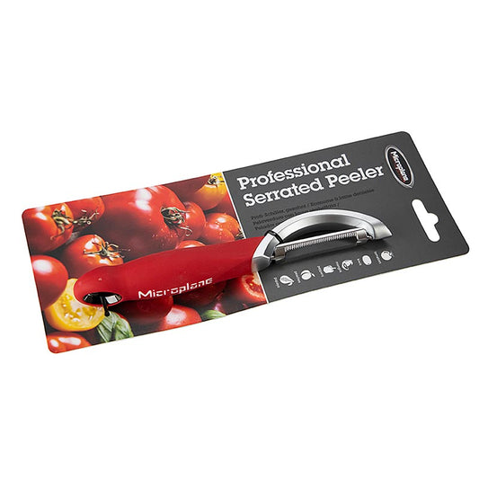 Serrated Peeler (Éplucheur dentelé), Rouge, 1 pc - Lame en acier inoxydable à double tranchant comme un rasoir pour éplucher sans effort les fruits et légumes mous, idéale pour les tomates, les pêches, les kiwis, avec poignée ergonomique soft-touch et ôte-œil de pomme de terre