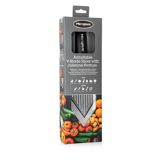 Rabot en V avec lame en V réglable et tranchante comme un rasoir et utilisation de lames juliennes Coupe avec précision et sans effort les fruits, les légumes et le fromage en tranches et en lamelles Réglage en continu pour des tranches et des bâtonnets réguliers de l'épaisseur de votre choix Pied antidérapant et encoches latérales caoutchoutées pour une bonne tenue et stabilité