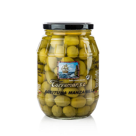 Un kilogramme d'olives vertes Manzanilla dénoyautées, en saumure, goût naturel