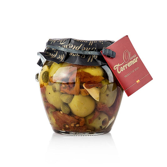Grandes olives vertes Gordal dénoyautées à la tomate et aux câpres de Torremar SL dans un emballage de 580 g