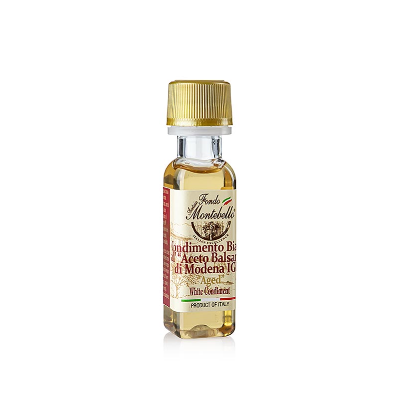 Condimento Balsamico, blanc, Fondo Montebello, 20 ml - Profitez du goût unique de l'Aceto Balsamico Fondo Montebello Condimento Balsamico dans un flacon de 20 ml, idéal pour agrémenter vos salades, desserts et autres plats