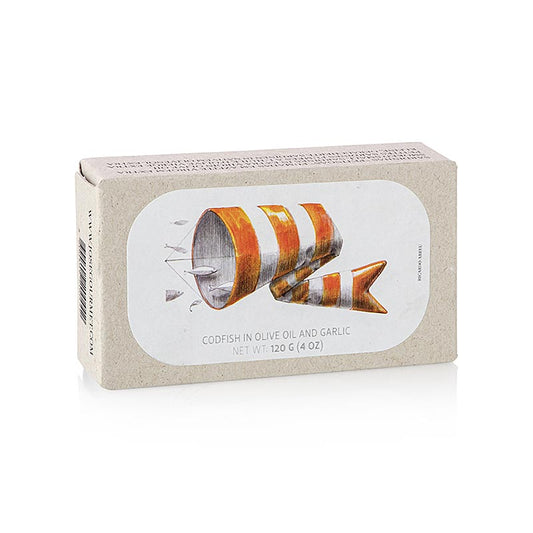 Morue à l'huile d'olive et à l'ail, Jose Gourmet, 120 g - Morue traditionnelle de haute qualité à l'huile d'olive et à l'ail, parfaite pour l'apéritif ou les salades.