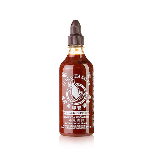Sauce pimentée Sriracha au poivre noir, piquante, Flying Goose, 455 ml : goût aromatique, ardent, addictif, convient aux fans de piment et aux mangeurs normaux de piment, goût caractéristique d'ail et de sucre, 3000-7000 Scoville