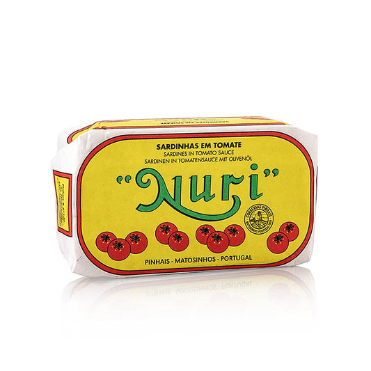 Sardines à l'huile d'olive et à la sauce tomate de Nuri du Portugal, 3-5 poissons entiers dans un paquet de 125 g, sélection exquise de produits de la mer et de fruits de mer
