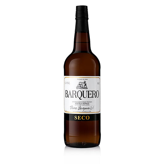 Un litre de Barquero Dry, vin de cuisine, 14,5%, produit comme le sherry de Montilla-Moriles, parfait pour l'apéritif ou pour agrémenter les soupes et les sauces.