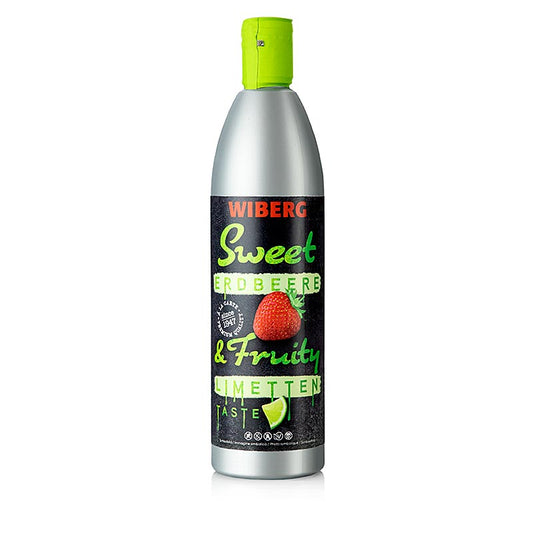 Un pot de Sauce Sweet and Fruity WIBERG - Fraise & Citron vert, 500 ml, décoré d'un dessert rouge à la fraise et au citron vert et de menthe fraîche, idéal pour agrémenter les coupes de glace, les tartes, les gâteaux et bien d'autres créations de dessert