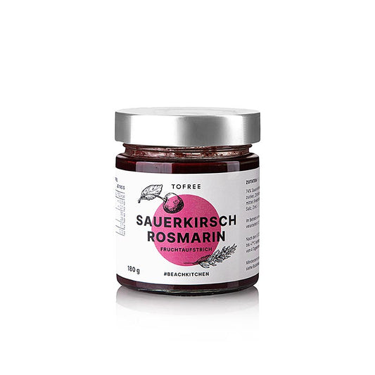 TOFREE-north - Pâte à tartiner aux fruits griotte - romarin, 180 g : Un pot de pâte à tartiner au goût de griotte et de romarin, fabriqué à Sylt dans le but de créer des gens SATISFAITS pour une belle vie ensemble.