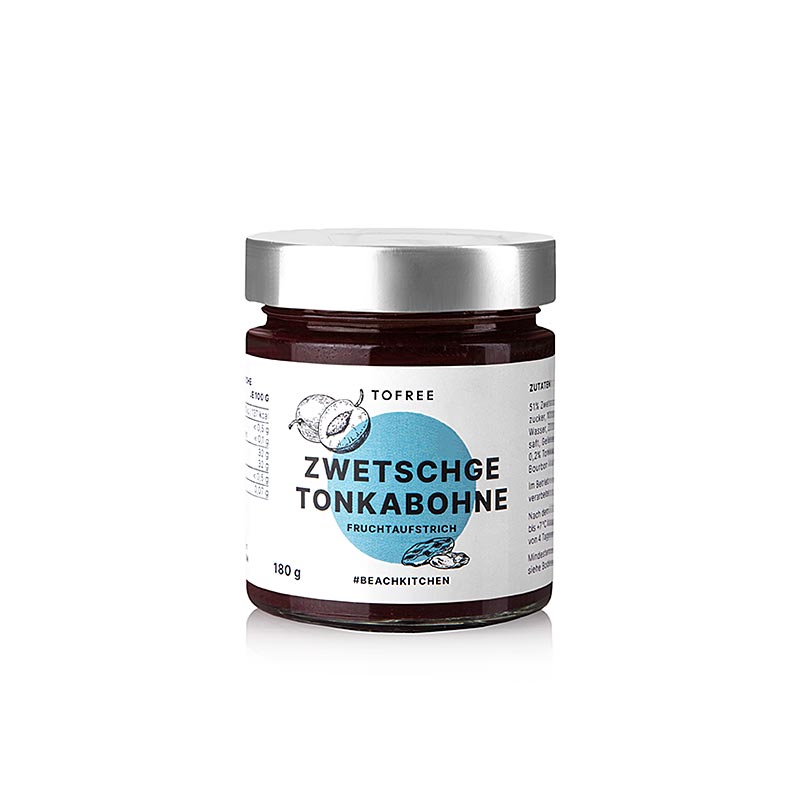 TOFREE-north - Pâte à tartiner pruneau - fève tonka, 180 g : Un pot de pâte à tartiner aux pruneaux et à la fève tonka, fabriqué sur l'île de Sylt avec le concept de satisfaction quotidienne et d'une belle vie ensemble.