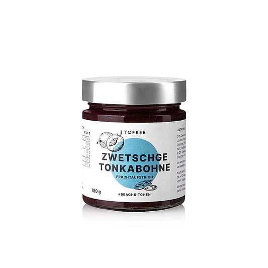 TOFREE-north - Pâte à tartiner pruneau - fève tonka, 180 g : Un pot de pâte à tartiner aux pruneaux et à la fève tonka, fabriqué sur l'île de Sylt avec le concept de satisfaction quotidienne et d'une belle vie ensemble.
