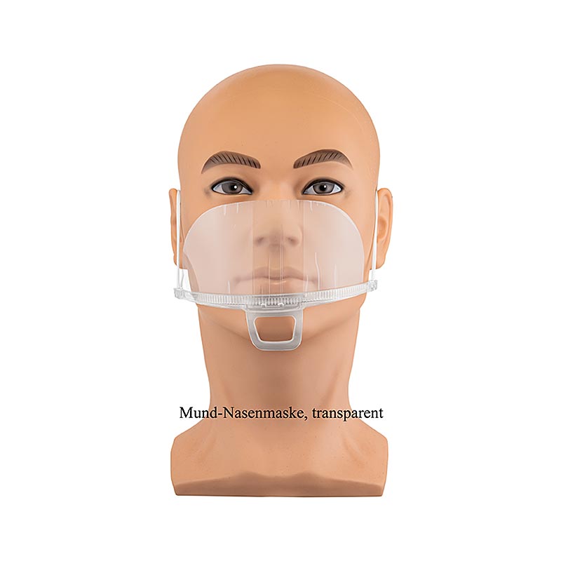 Masque bucco-nasal transparent en polycarbonate résistant, idéal pour la gastronomie et les professions en contact avec la clientèle, réutilisable et facile à nettoyer, 100% chef, disponible en Suisse