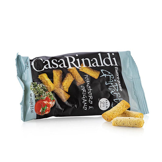 Mini-grissini croustillants à la tomate et à l'origan, fabriqués par Casa Rinaldi, idéaux comme snack ou accompagnement, à acheter en Suisse