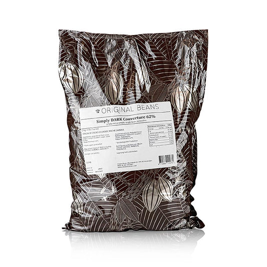 Original Beans Couverture Simply Dark 62% cacao, amer, gouttes, végétalien, 2 kg - chocolat noir de haute qualité pour les préparations végétaliennes