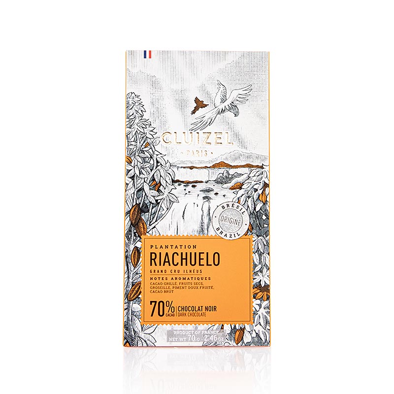 Tablette de chocolat de plantation Riachuelo, 70% amer, Michel Cluizel (12159), 70 g : chocolat de la région de Bahia au Brésil, entouré de la forêt atlantique et d'une flore exotique, avec des saveurs de cacao grillé, de fruits secs et un arrière-goût fruité de paprika.