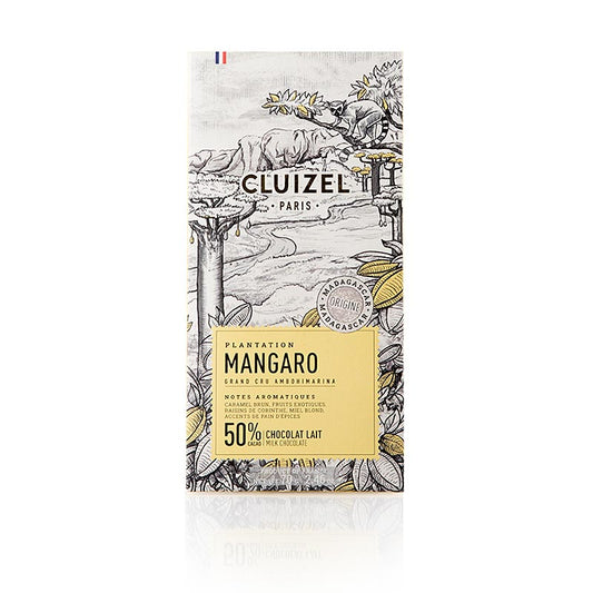 Michel Cluizel tablette de chocolat de plantation Mangaro, 50% lait, 70 g - Chocolat aux saveurs exotiques de caramel brun, de raisins de Corinthe et de miel clair, inspiré de la plantation Mangaro sur l'ancien site de la jungle de mangues.