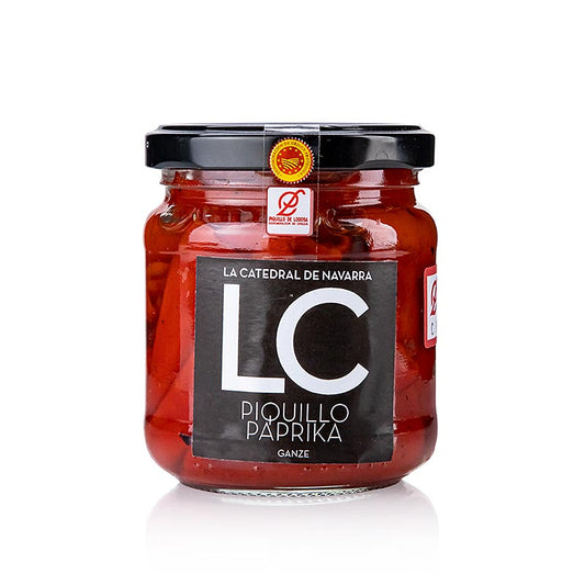 Pimiento Piquillo de Lodosa - Poivrons piquillos, protégés par l'appellation AOP/PDO, cueillis à la main et grillés de manière traditionnelle, goût doux et épicé, intense, idéal pour les tapas, les salades, les plats de viande et de poisson, emballés dans une boîte pratique de 190 g, délicieux délice de la cuisine espagnole