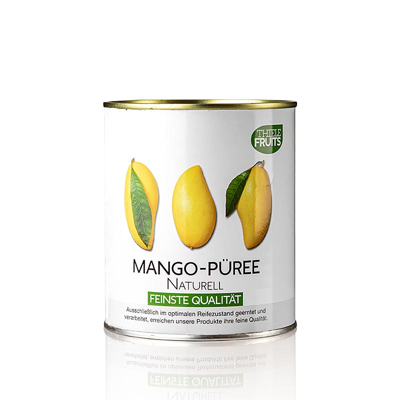 850 g de purée de mangue naturelle sans sucre ajouté de Thiele Fruits, idéale pour les mousses, les sauces, les glaces et les soupes, fabriquée à partir de mangues bien mûres et sucrées