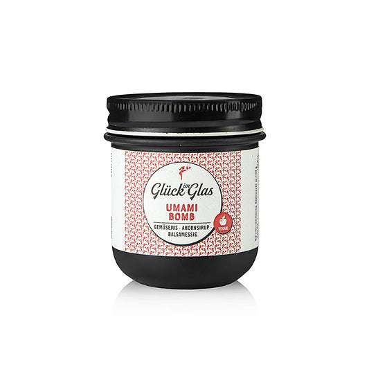Bonheur en pot - Umami Bomb, jus de légumes, végétalien, 200 ml : jus de légumes végétalien composé de 9 légumes différents avec algue Kombu, sirop d'érable et vinaigre balsamique de pomme, idéal pour les légumes sautés