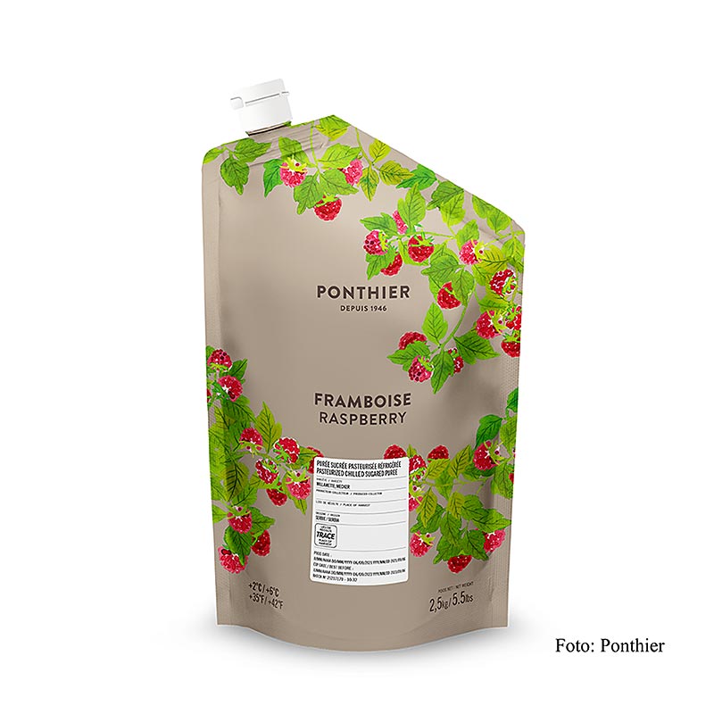 Ponthier Purée de framboises, avec sucre, 2,5kg, 2,5 kg - Purée de framboises de haute qualité pour les desserts, les glaces, les sorbets et les smoothies, fabriquée avec les meilleures framboises et du sucre, au goût intense et à la couleur rouge profond