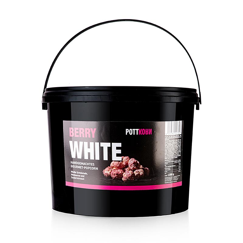 1 kg de Pottkorn - Berry White, pop-corn au chocolat blanc et aux framboises, emballé dans un paquet pratique, parfait pour la maison ou la restauration, avec une combinaison unique de goût de chocolat blanc et de framboises fraîches