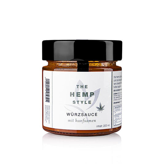Sauce épicée aux graines de chanvre The Hemp Style d'Ernst Petry, 200 ml, fabriquée à partir de graines de chanvre grillées foncées, de tomates fruitées, de grains de poivre concassés et de sirop d'agave sucré, parfaite pour la volaille et les légumes frais grillés