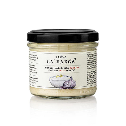 Aioli à l'huile d'olive fumée, Finca La Barca, 120 ml - Fumée & ail réunis dans cet aïoli délicieux, idéal pour les pommes de terre, les scampi et les créations culinaires sauvages La variante mayo douce existe aussi avec de l'huile d'olive fumée (57765)
