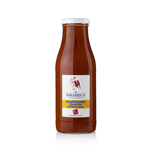 Gazpacho - soupe de légumes espagnole, Il Navarrico, 480 ml : soupe de légumes rafraîchissante et nutritive, préparée de manière traditionnelle avec des légumes mûris au soleil, parfaite comme repas léger ou entrée lors des chaudes journées d'été, conditionnée dans un récipient pratique de 480 ml