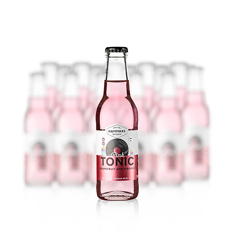 Alt text : Grand paquet de 36 litres de Hammars Tonic Pamplemousse Rose & Hibiscus, Suède, contenant 18 bouteilles de 200 ml, parfaites pour les boissons rafraîchissantes (English)
