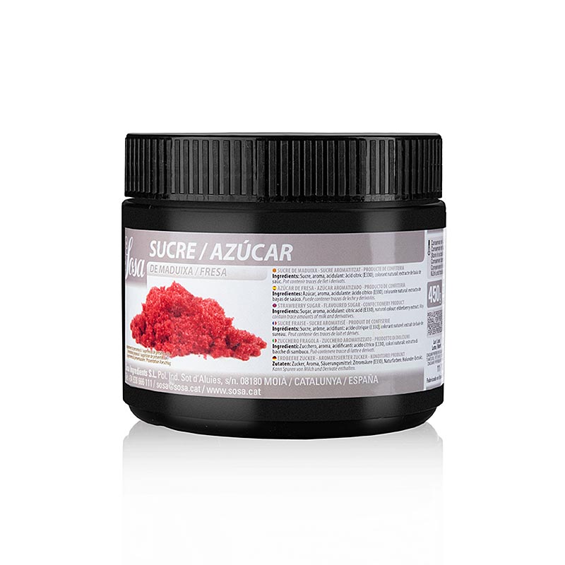 Sucre Sosa à l'arôme de fraise (39298), 450 g - Sucre de qualité supérieure à l'arôme naturel de fraise, parfait pour la préparation de mousses, bavarois, glaces, sorbets et pâtes, emballé dans un distributeur pratique de 450 grammes
