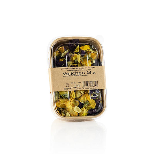 Mélange de fleurs de violettes entières lyophilisées de Keltenhof, parfaites pour décorer et affiner les desserts, les salades et les cocktails, délicatesse de grande qualité pour les cuisiniers amateurs et les restaurateurs professionnels.