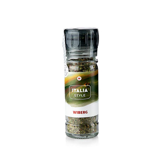 43 g Moulin à épices Wiberg Italia Style Sel aux herbes avec un arôme intense d'herbes méditerranéennes, une note fruitée de tomate, une note discrète d'ail et de piment, idéal pour les pâtes, les pizzas, les sauces, les salades et les pâtes à tartiner