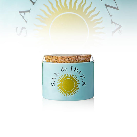 Sal de Ibiza - Sel de mer / Fleur de sel, en portions dans un récipient en porcelaine, 28,5 g - Fleur de sel récoltée à la main dans les eaux cristallines autour d'Ibiza, riche en minéraux naturels, en portions dans un récipient en porcelaine de 28,5 grammes, parfait pour rehausser vos plats