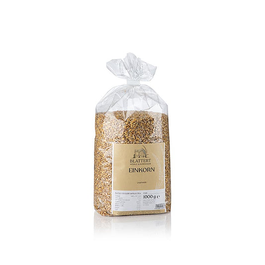 Image de 1 kg de grains d'engrain entiers de Blattert Mühle, idéal pour le pain, les pâtes et le risotto, avec un riche goût de noix et une haute valeur nutritive