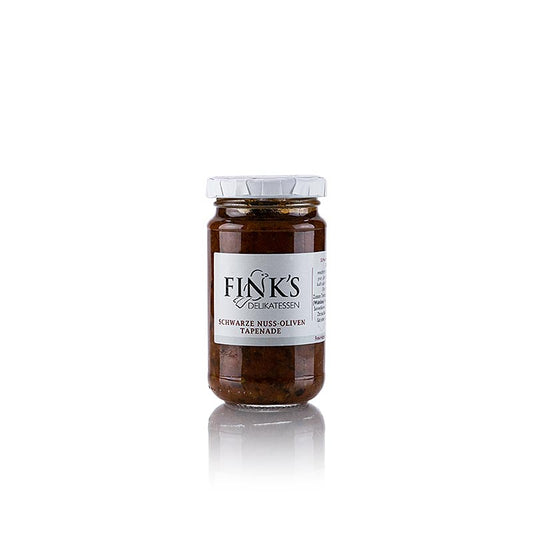 Tapenade d'olives noires de Fink's Delikatessen, 200 g : pâte à tartiner crémeuse à base d'olives noires très fines et de noix hachées pour une expérience gustative unique, parfaite comme dip ou condiment dans vos plats préférés.