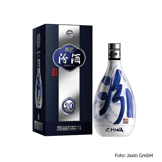 Baijiu - Fenjiu Blue Flower 20, 42 % vol, Chine, 500 ml - Eau-de-vie traditionnelle chinoise à l'arôme floral, 42 % d'alcool, dans une bouteille bleue, 500 ml