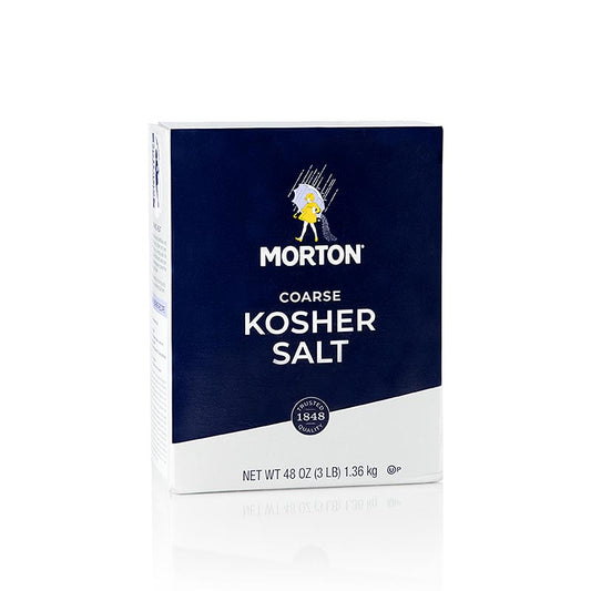 Grand conteneur de 136 kg de Morton's coarse kosher salt, également connu sous le nom de sel casher (English)