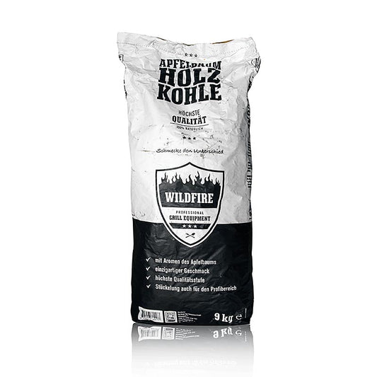 Alt text : Sac de 9 kg de charbon de bois de pommier, un produit de charbon de haute qualité pour les barbecues Big Green Egg, parfait pour la cuisson lente et l'ajout de saveurs riches et fumées à vos plats préférés.
