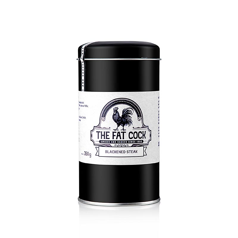 L'image montre l'emballage de The Fat Cock - Blackened Steak préparation d'épices, 350 g, une épice parfaite pour les steaks, les côtelettes et les plats de viande hachée.