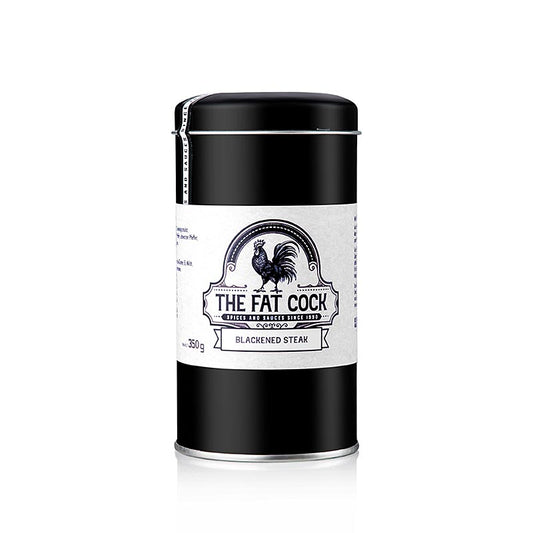L'image montre l'emballage de The Fat Cock - Blackened Steak préparation d'épices, 350 g, une épice parfaite pour les steaks, les côtelettes et les plats de viande hachée.