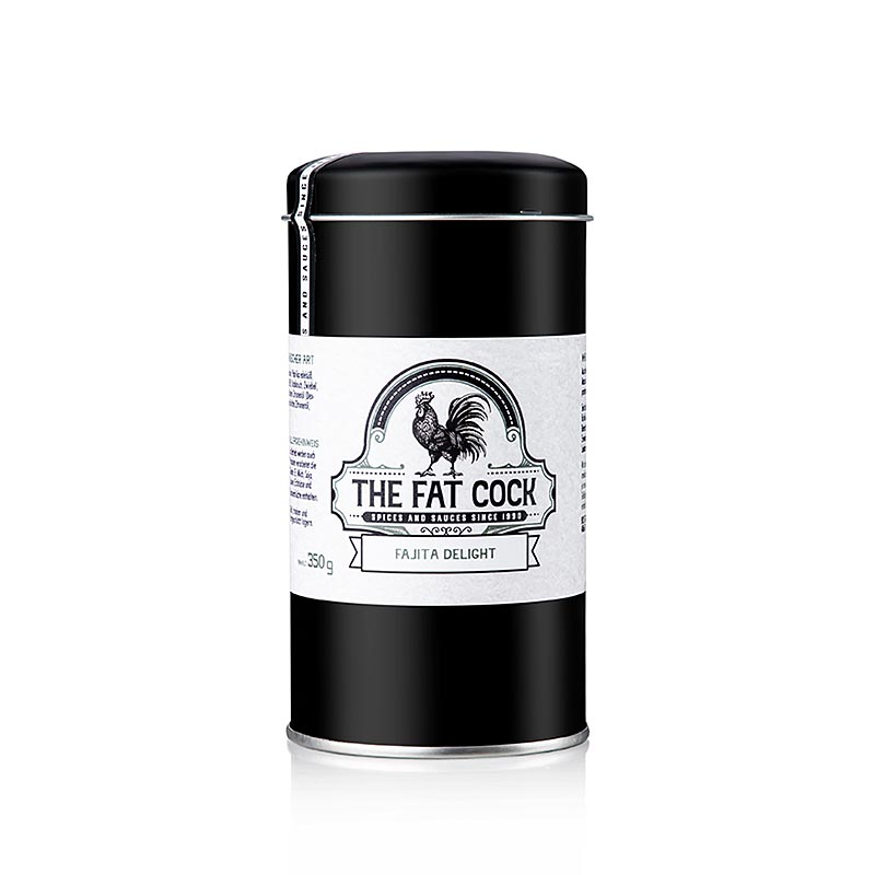 Mélange d'épices mexicain authentique The Fat Cock - Fajita Delight pour de savoureuses fajitas Idéal pour mariner le poulet, le bœuf ou le porc Ne contient pas d'additifs artificiels Emballé dans une boîte pratique de 350 g