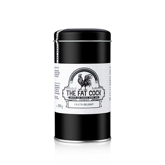 Mélange d'épices mexicain authentique The Fat Cock - Fajita Delight pour de savoureuses fajitas Idéal pour mariner le poulet, le bœuf ou le porc Ne contient pas d'additifs artificiels Emballé dans une boîte pratique de 350 g