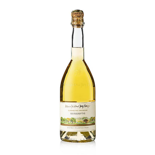 Jörg Geiger Alkoholfrei Prickelnd weißduftig, 750 ml - Un jus pétillant sans alcool issu de variétés anciennes de pommes et de poires à cidre sélectionnées à la main, mûries et traitées avec ménagement, enrichi de raisin, de pêche, de citron, de fleurs de sureau, d'herbes et d'épices Jaune doré lumineux avec un nez intense de pommes mûres et de fleurs de sureau, accompagné de notes herbacées et d'un jeu passionnant entre douceur et acidité malique épicée aux herbes 95 % de teneur totale en fruits