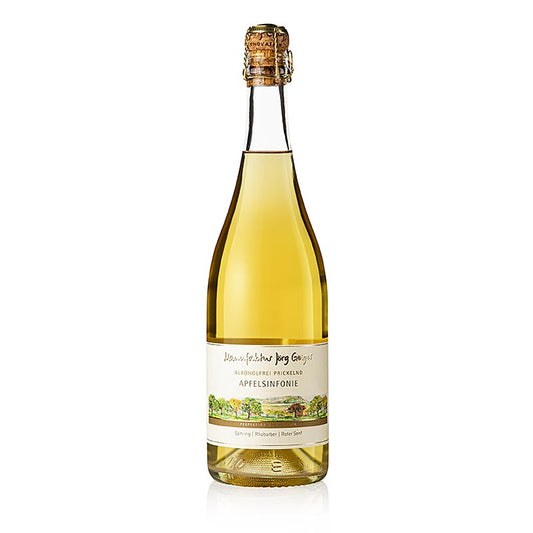 Jörg Geiger Alkoholfrei Prickelnd Apfelsinfonie, 750 ml - PriSecco à l'acidité prononcée, à base de pommes onctueuses, de moutarde rouge et de cresson de fontaine, à l'arôme intense et épicé et à la longue finale légèrement piquante.
