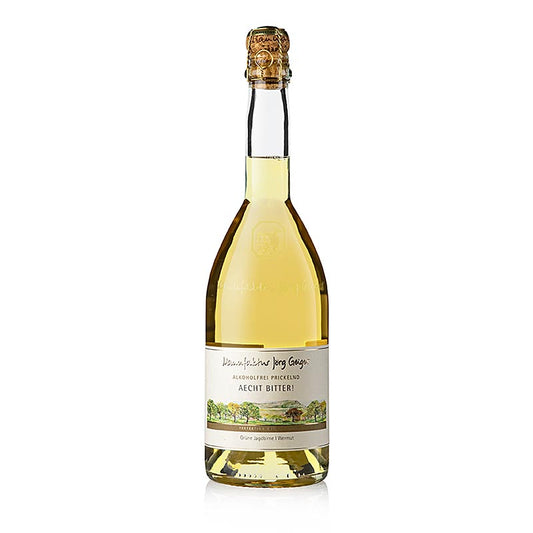 Jörg Geiger Alkoholfrei Prickelnd Aecht Bitter, 750 ml - boisson sans alcool à base de poire verte de chasse, groseille rouge, fleurs d'oranger, fleurs d'acacia et de sureau, achillée et absinthe, avec parfum de poire, parfum de fleurs, douceur, acidité, amertume, idéal pour remplacer l'eau tonique ou en combinaison avec le gin, également disponible en piccolo 0,2 l, article 59721