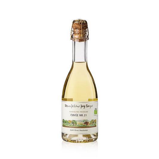 Manufaktur Jörg Geiger Alkoholfrei Prickelnd Cuvée 21, BIO, 375 ml - boisson pétillante sans alcool à base de pommes, de poires et d'orge nue Demeter torréfiée, avec des fruits mûrs, des notes de céréales douces et maltées et un parfum estival de prairie, parfait pour les entrées légèrement épicées
