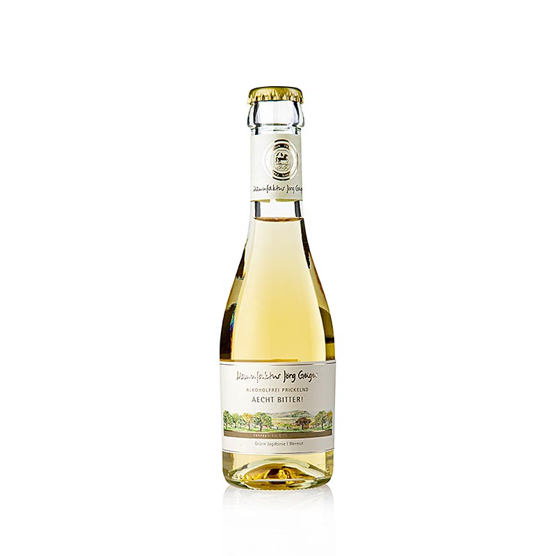 Jörg Geiger Alkoholfrei Prickelnd Aecht Bitter, 200 ml - eau pétillante sans alcool avec un mélange unique d'herbes et d'épices, parfaite en apéritif ou pour accompagner les plats, arômes complexes et équilibre doux-amer, idéale pour les amateurs de qualité et de goût sans alcool