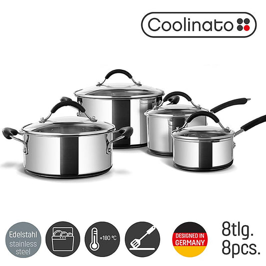 Set de casseroles en acier inoxydable avec fond sandwich et revêtement anti-adhésif, adapté à tous les types de cuisinières, couvercle en verre et poignées en acier inoxydable avec revêtement en silicone inclus, résistant au four jusqu'à 180°C, 8 pièces