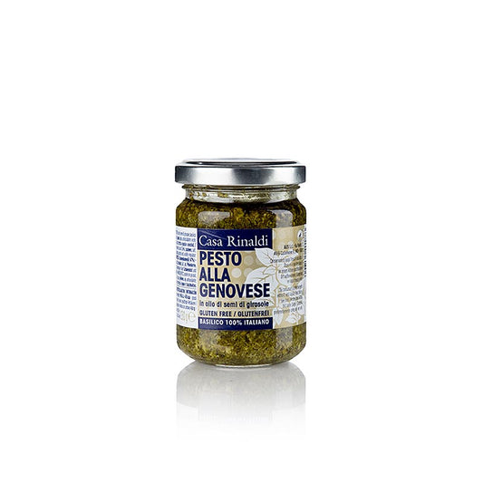 Pesto alla Genovese, sauce au basilic avec huile de tournesol, Casa Rinaldi, 130 g - Un délicieux mélange de basilic parfumé, de fromage crémeux, de noix de cajou et de pignons de pin ainsi que d'ail, parfait pour les pizzas, les pâtes et bien plus encore !