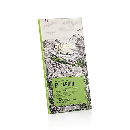Tablette de chocolat amer de plantation 75% El Jardin de Michel Cluizel, 70 g, aux saveurs de miel, de caramel, de cacao grillé, de notes poivrées et boisées, de réglisse, de menthol et de fraîcheur, fabriquée à partir de cacao issu de la nature luxuriante de la Finca El Jardín dans la région de Meta, en Colombie.