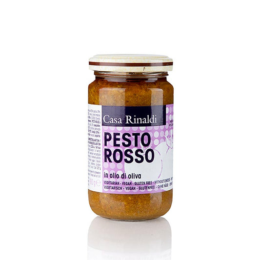 Pesto Rosso, Pesto de tomates à l'huile d'olive, végétalien, Casa Rinaldi, 180 g - Délicieux pesto végétalien, aromatique et savoureux, à base de tomates séchées, d'huile d'olive, de basilic, de pignons et de noix de cajou, parfait non seulement sur les pâtes, mais aussi sur le pain et avec les plats de salade.