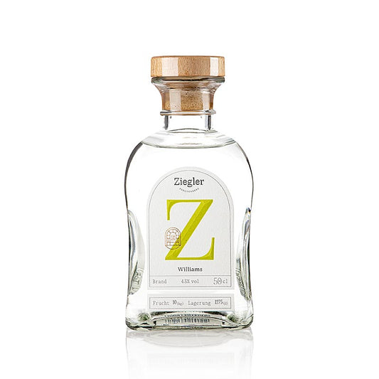 Eau-de-vie de poire Williams - Eau-de-vie noble, 43% vol, Ziegler, 500 ml - Eau-de-vie de poire Williams de haute qualité dans une bouteille de 500 ml avec 43% vol d'alcool de la distillerie renommée Ziegler